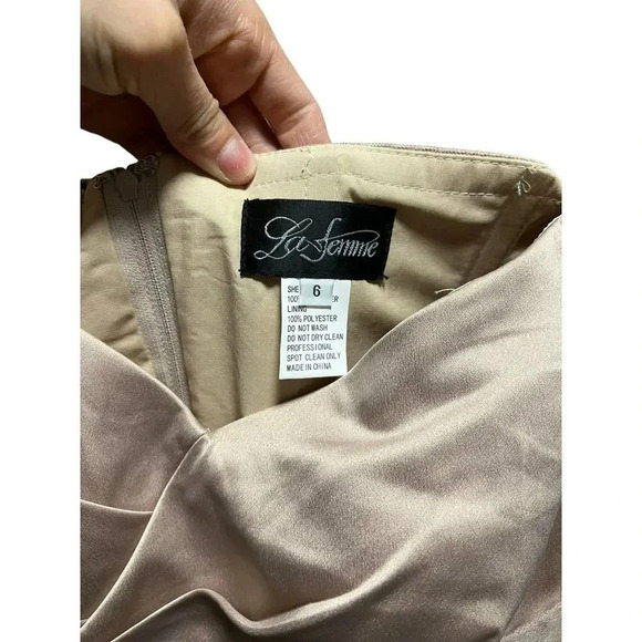 LA FEMME Champagne Beaded Back Off the Shoulder Ruched Crepe Satin Gown - Picture 11 of 11